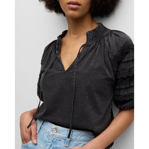 Rails Amity Acid Wash Cotton Puff-Sleeve Blouse Size M - Picture 1 of 9